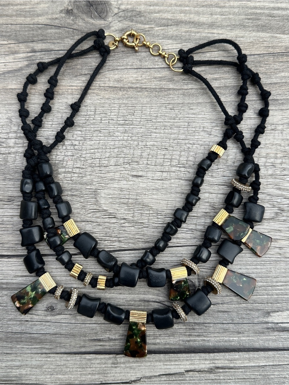 Black Multi-Strand Beaded Necklace with Gold Accents